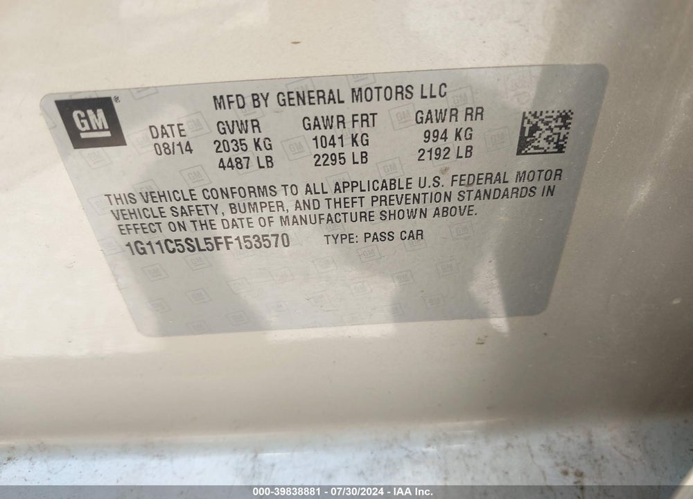 2015 CHEVROLET MALIBU 1LT VIN: 1G11C5SL5FF153570