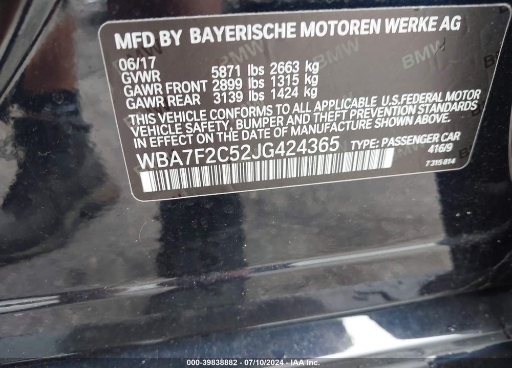 2018 BMW ALPINA B7 XDRIVE VIN: WBA7F2C52JG424365