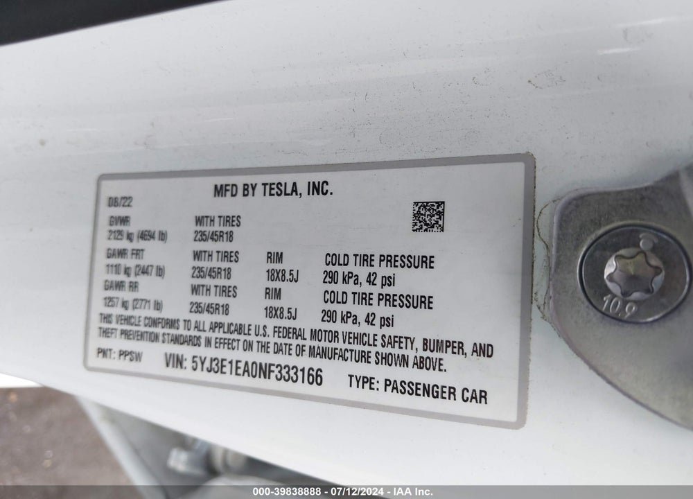 2022 TESLA MODEL 3 REAR-WHEEL DRIVE VIN: 5YJ3E1EA0NF333166