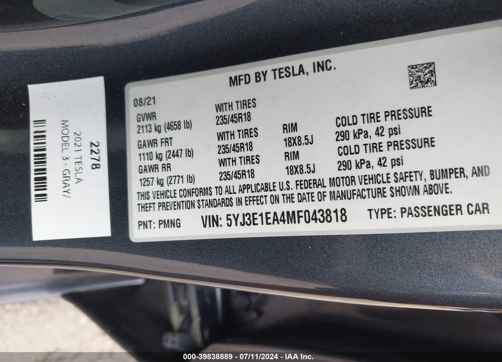 2021 TESLA MODEL 3 STANDARD RANGE PLUS REAR-WHEEL DRIVE VIN: 5YJ3E1EA4MF043818