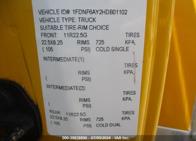 2017 FORD F-650 GAS VIN: 1FDNF6AY2HDB01102