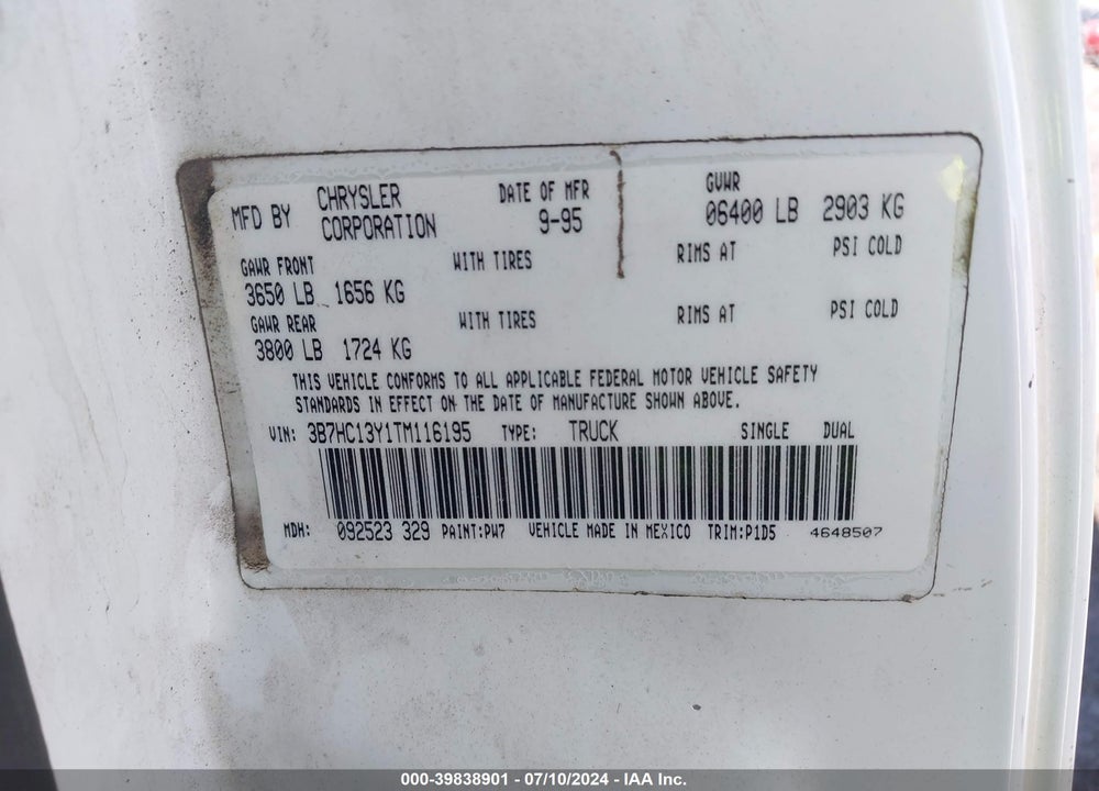 1996 DODGE RAM 1500 VIN: 3B7HC13Y1TM116195