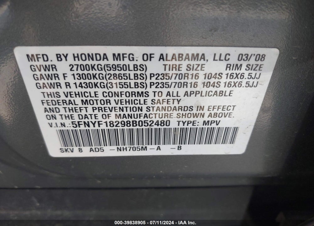 2008 HONDA PILOT VP VIN: 5FNYF18298B052480