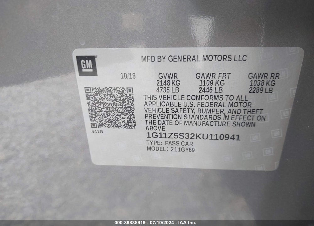 2019 CHEVROLET IMPALA LT VIN: 1G11Z5S32KU110941