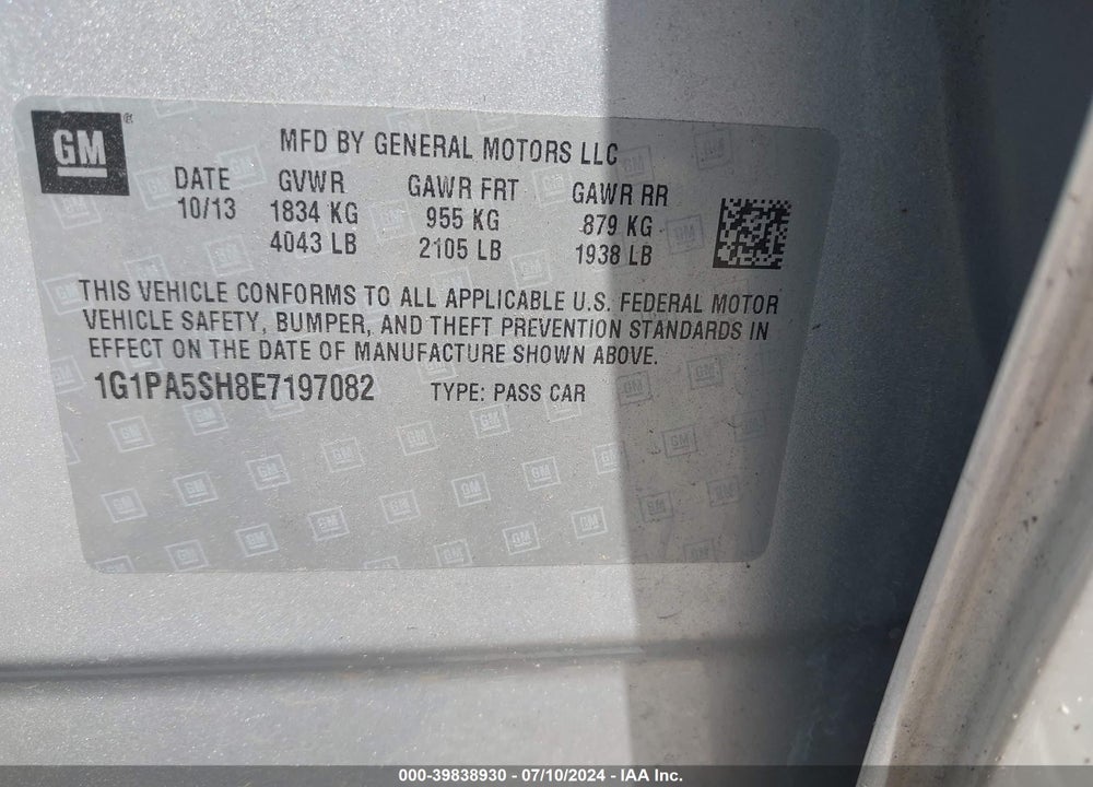2014 CHEVROLET CRUZE LS AUTO VIN: 1G1PA5SH8E7197082