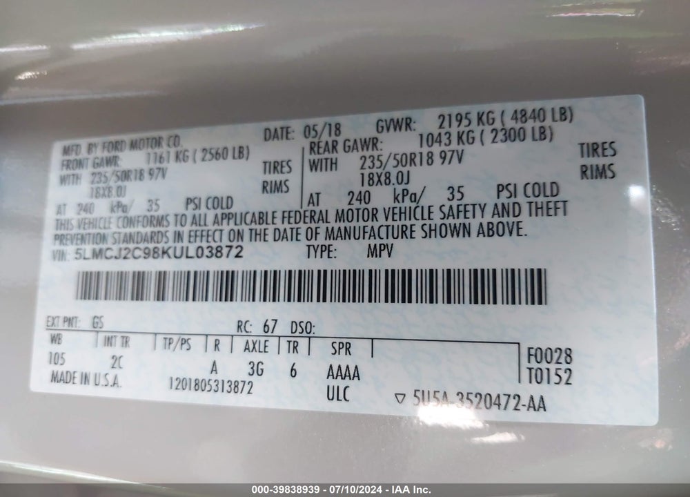 2019 LINCOLN MKC SELECT VIN: 5LMCJ2C98KUL03872