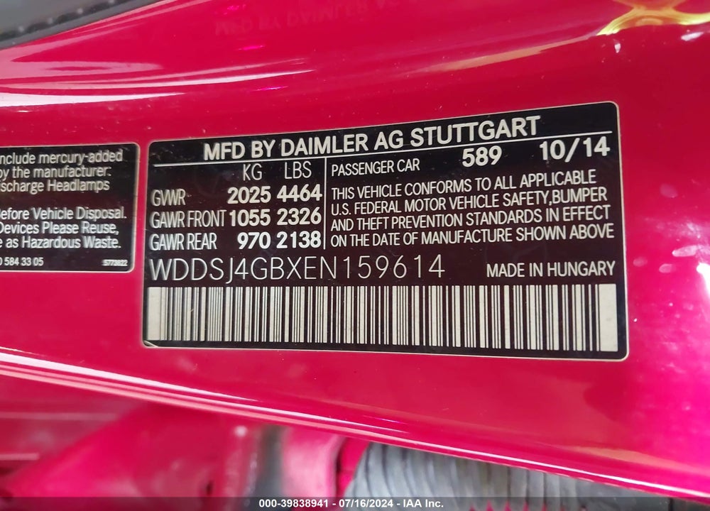 2014 MERCEDES-BENZ CLA 250 4MATIC VIN: WDDSJ4GBXEN159614