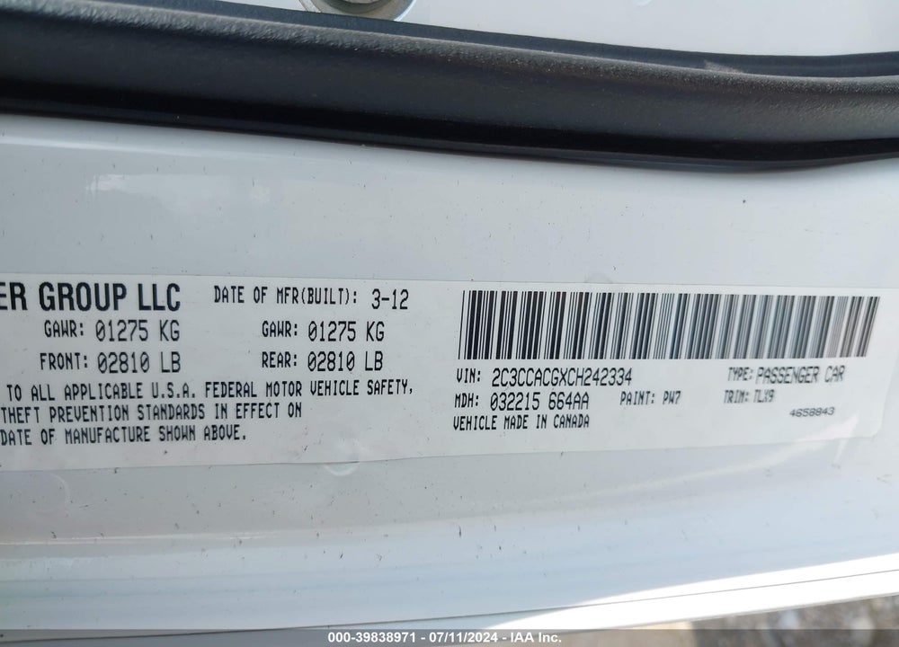 2012 CHRYSLER 300 LIMITED VIN: 2C3CCACGXCH242334