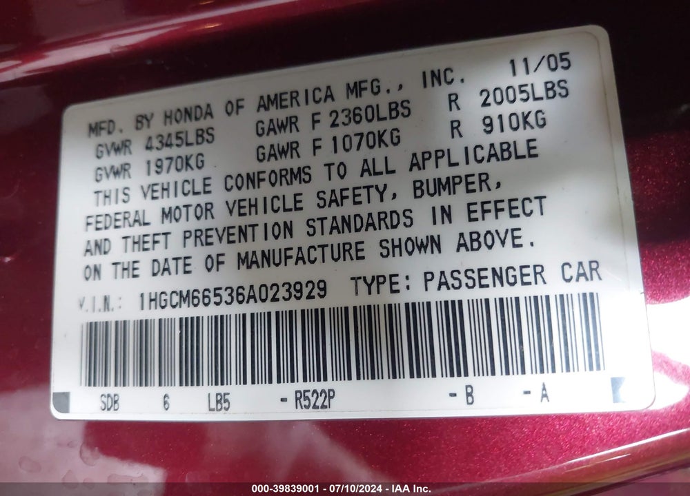 2006 HONDA ACCORD 3.0 EX VIN: 1HGCM66536A023929