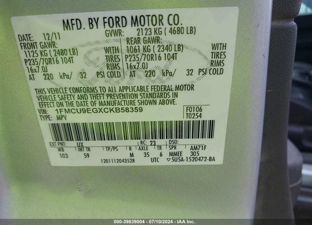 2012 FORD ESCAPE LIMITED VIN: 1FMCU9EGXCKB58359