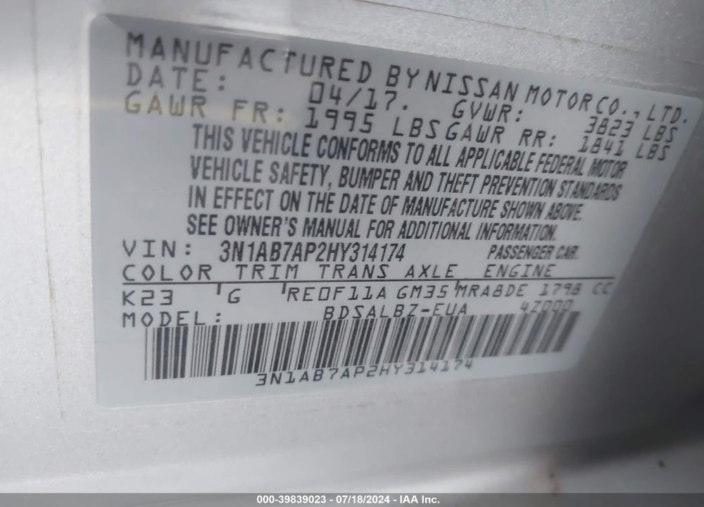 2017 NISSAN SENTRA S VIN: 3N1AB7AP2HY314174