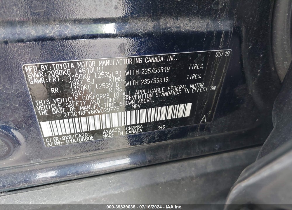 2019 TOYOTA RAV4 XLE PREMIUM VIN: 2T3C1RFV6KW029776