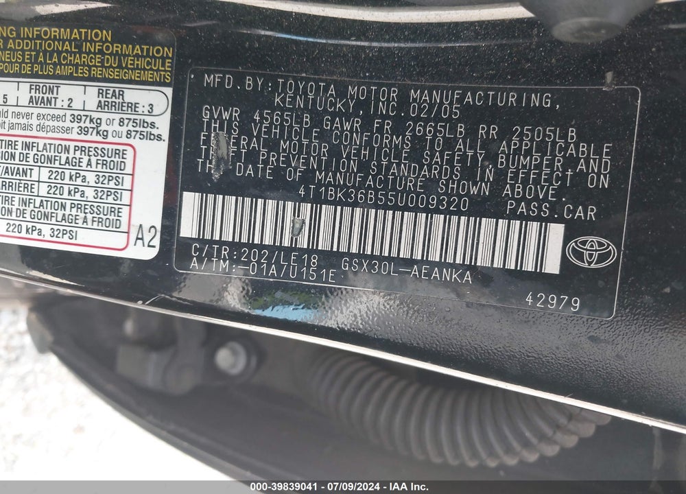2005 TOYOTA AVALON TOURING VIN: 4T1BK36B55U009320