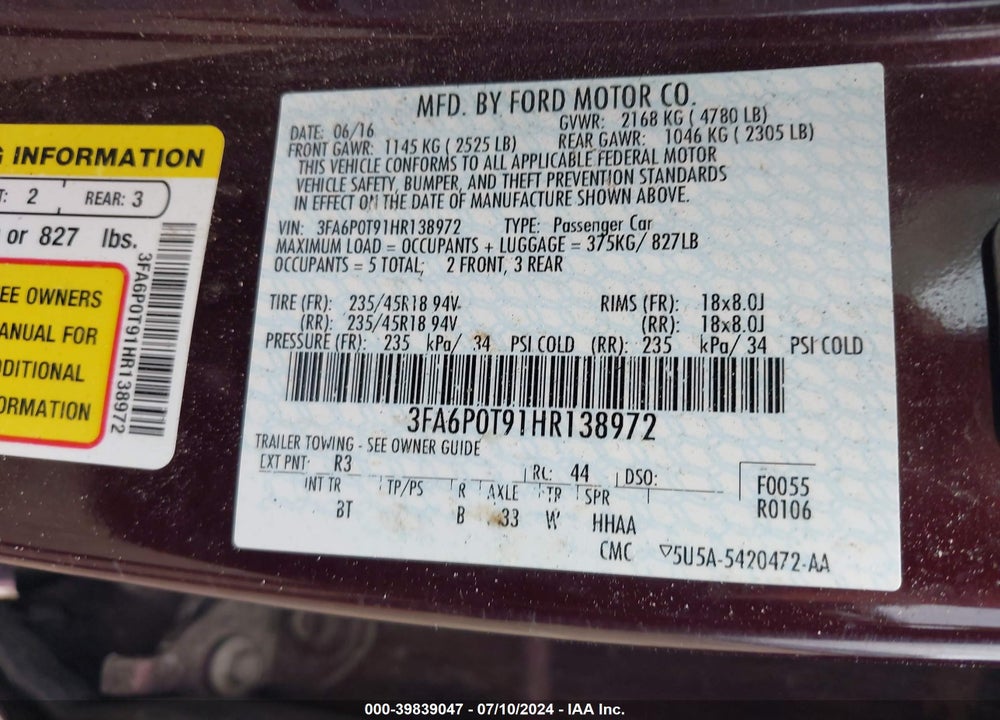 2017 FORD FUSION SE VIN: 3FA6P0T91HR138972