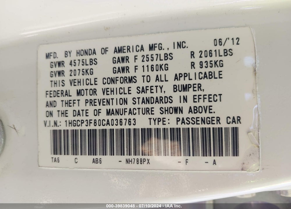 2012 HONDA ACCORD 3.5 EX-L VIN: 1HGCP3F80CA036763