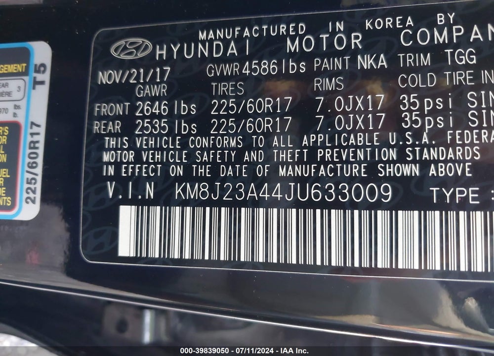 2018 HYUNDAI TUCSON SE VIN: KM8J23A44JU633009