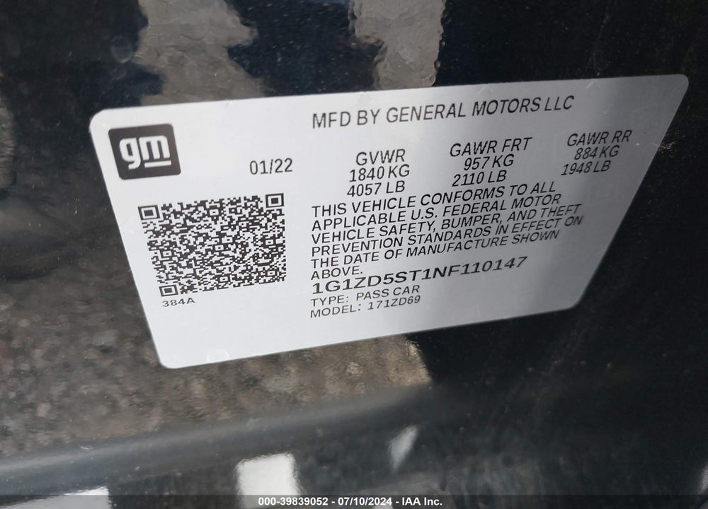 2022 CHEVROLET MALIBU FWD LT VIN: 1G1ZD5ST1NF110147