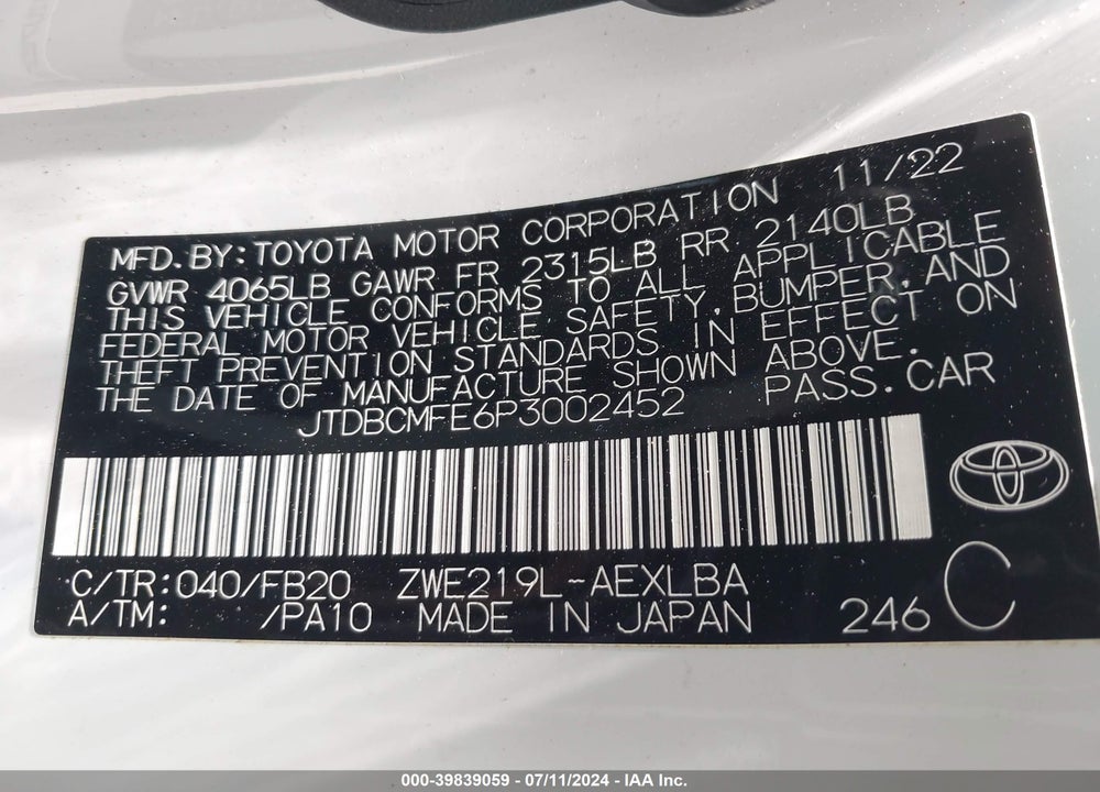2023 TOYOTA COROLLA HYBRID LE VIN: JTDBCMFE6P3002452
