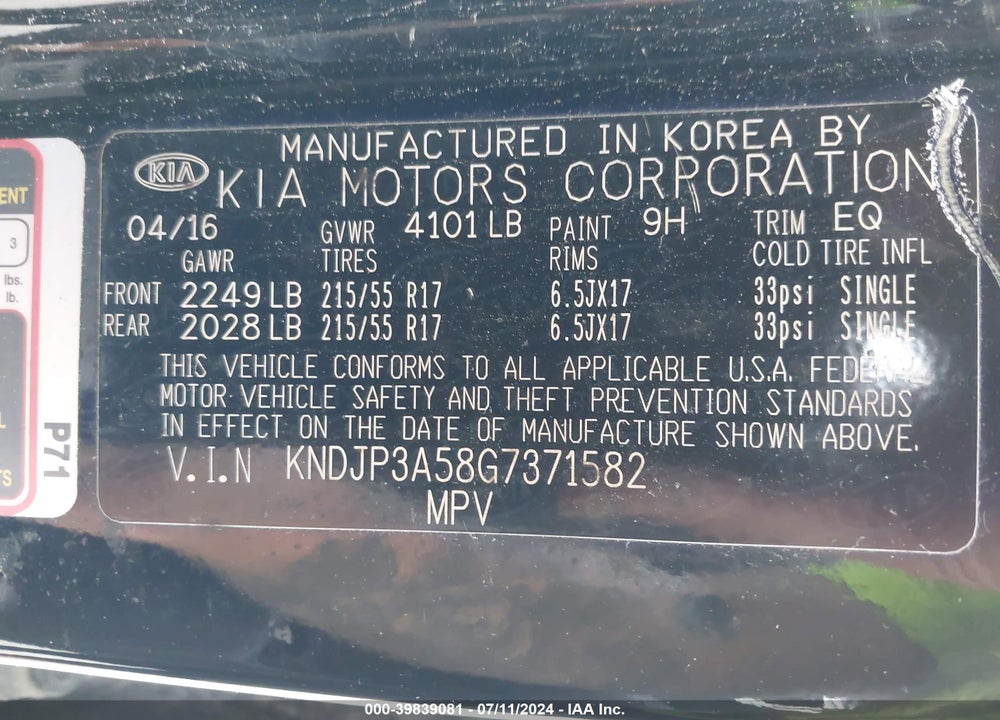 2016 KIA SOUL VIN: KNDJP3A58G7371582