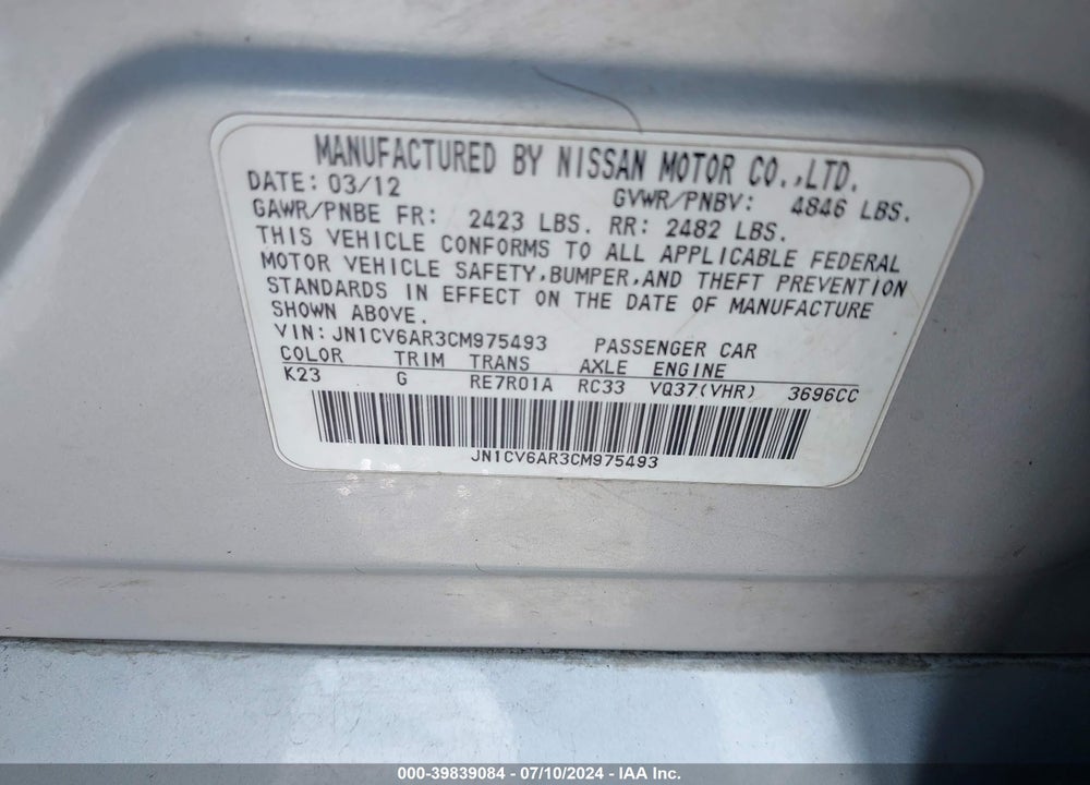 2012 INFINITI G37X VIN: JN1CV6AR3CM975493
