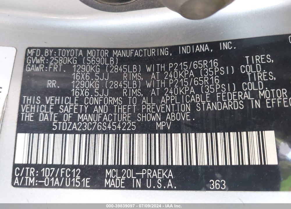 2006 TOYOTA SIENNA LE VIN: 5TDZA23C76S454225