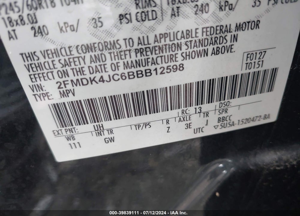 2011 FORD EDGE SEL VIN: 2FMDK4JC6BBB12598