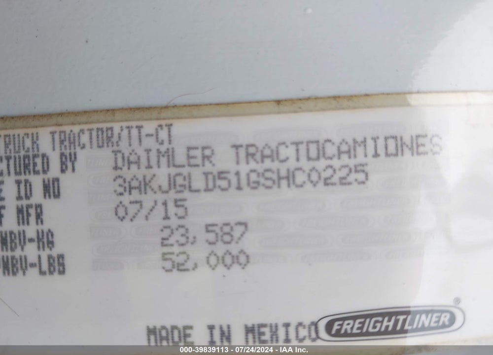 2016 FREIGHTLINER CASCADIA 125 VIN: 3AKJGLD51GSHC0225