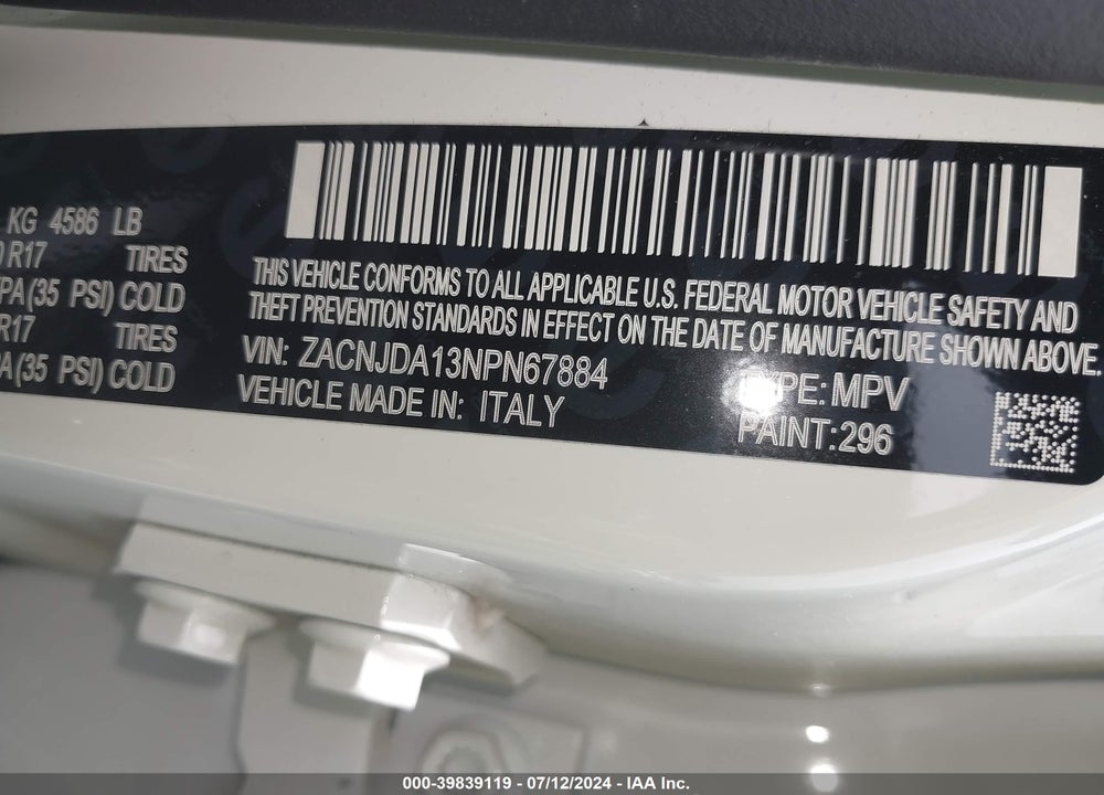 2022 JEEP RENEGADE SPORT 4X4 VIN: ZACNJDA13NPN67884