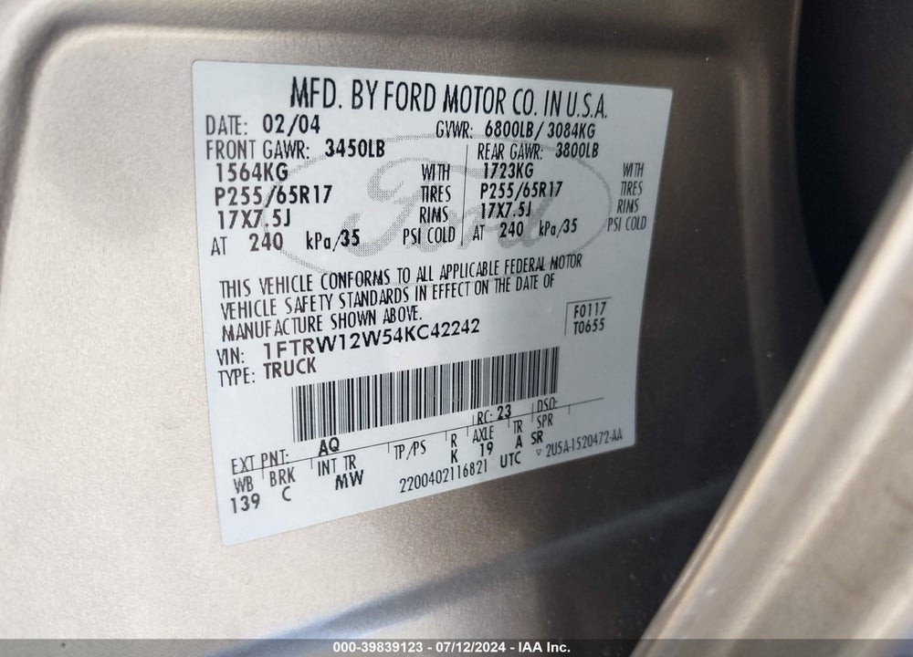 2004 FORD F150 SUPERCREW VIN: 1FTRW12W54KC42242