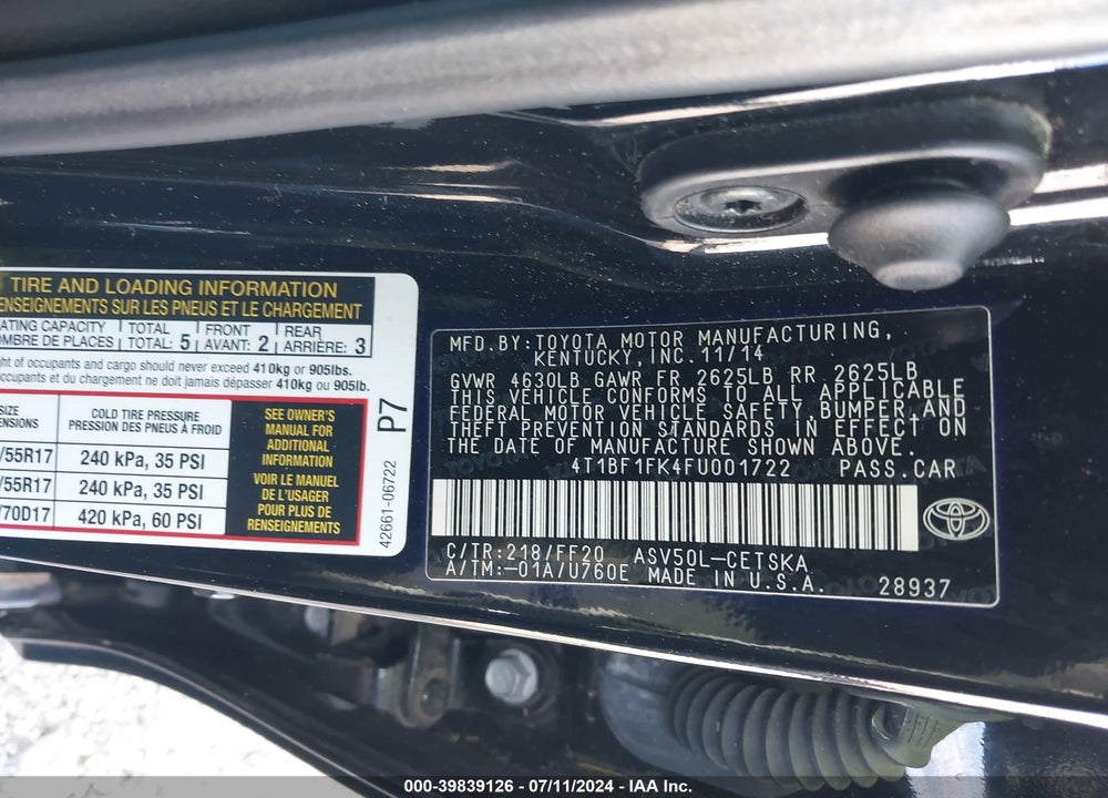 2015 TOYOTA CAMRY SE VIN: 4T1BF1FK4FU001722