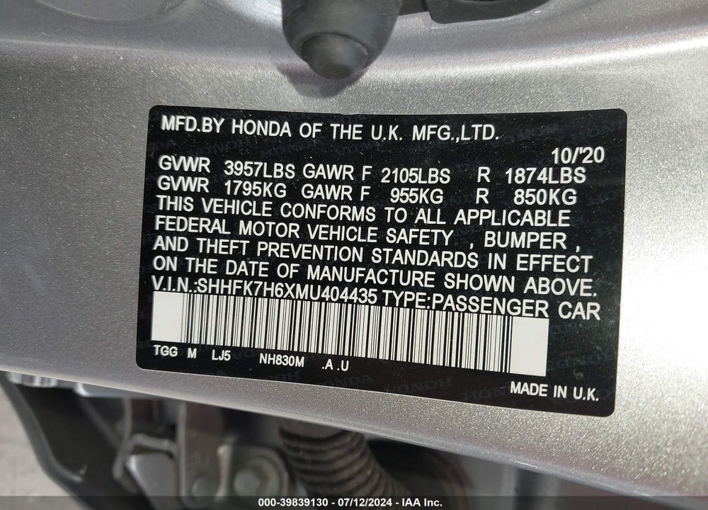 2021 HONDA CIVIC EX VIN: SHHFK7H6XMU404435