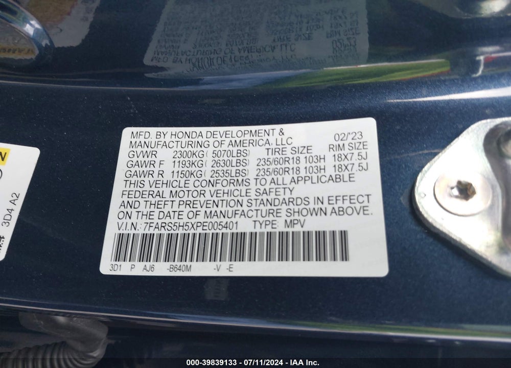 2023 HONDA CR-V HYBRID SPORT VIN: 7FARS5H5XPE005401