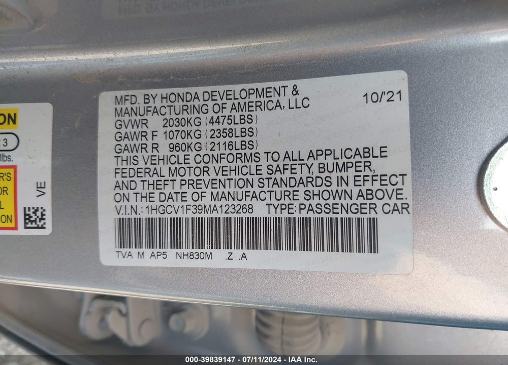 2021 HONDA ACCORD SPORT VIN: 1HGCV1F39MA123268