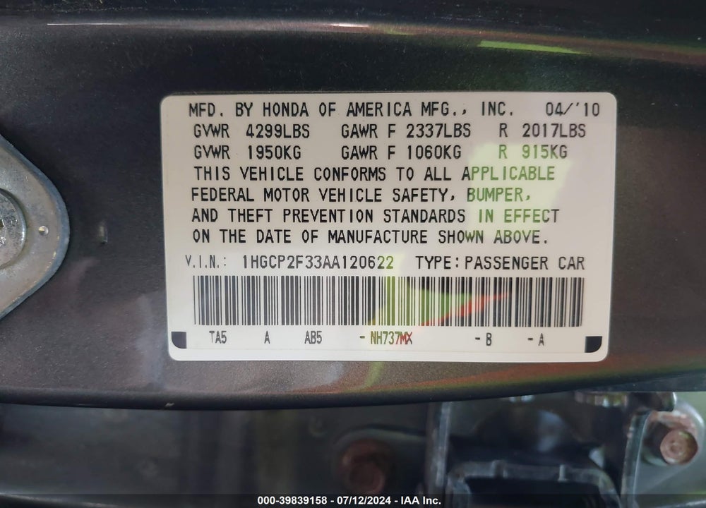 2010 HONDA ACCORD 2.4 LX VIN: 1HGCP2F33AA120622