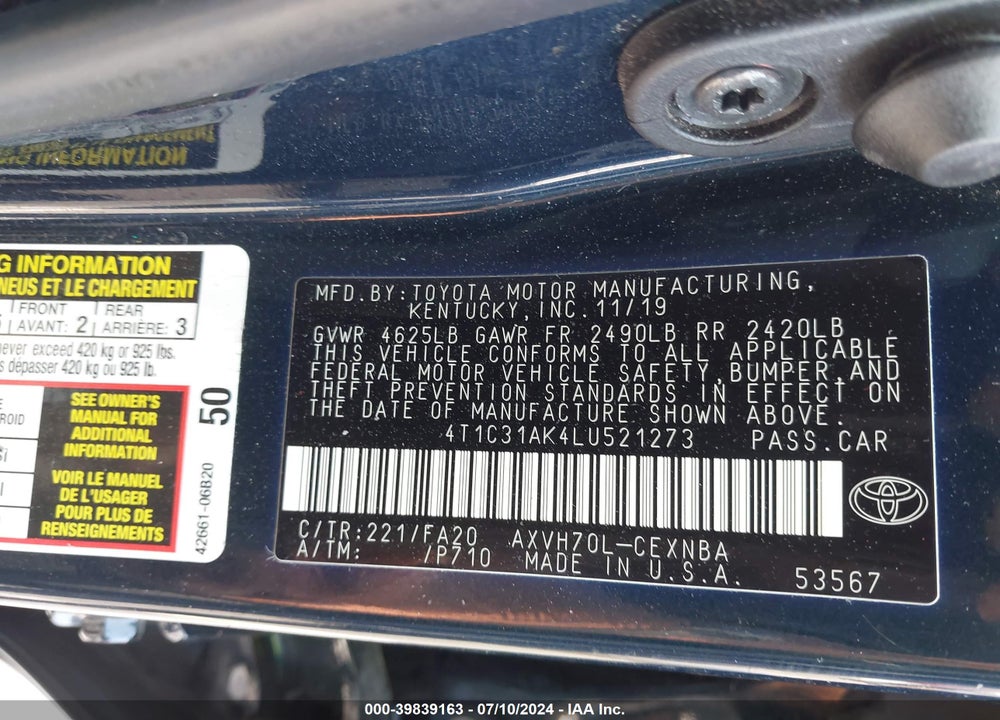 2020 TOYOTA CAMRY LE HYBRID VIN: 4T1C31AK4LU521273