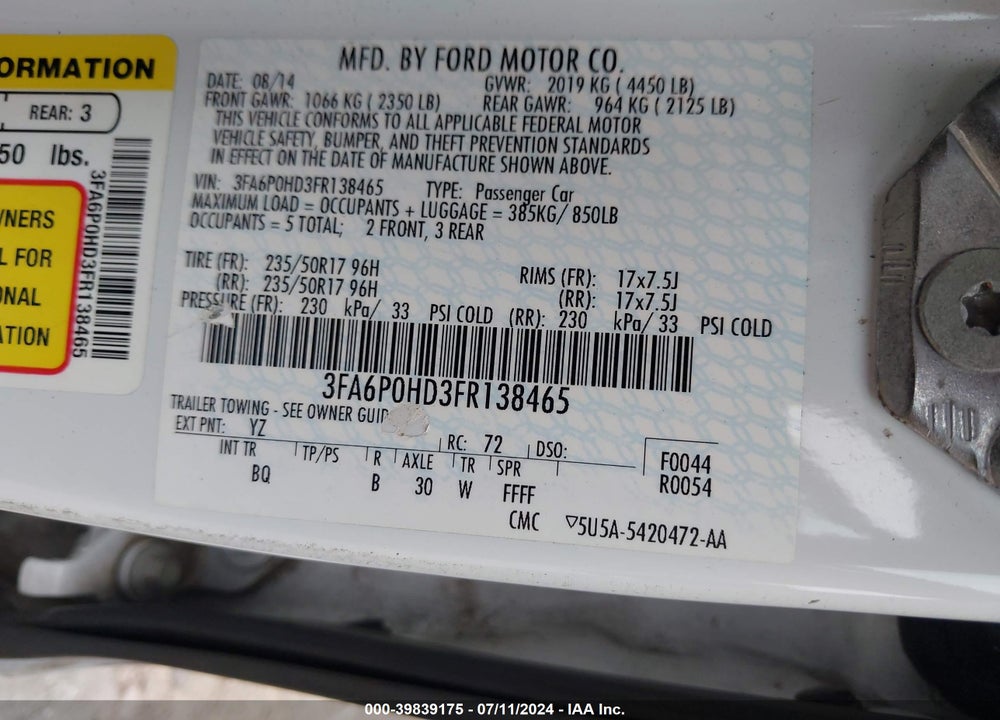 2015 FORD FUSION SE VIN: 3FA6P0HD3FR138465