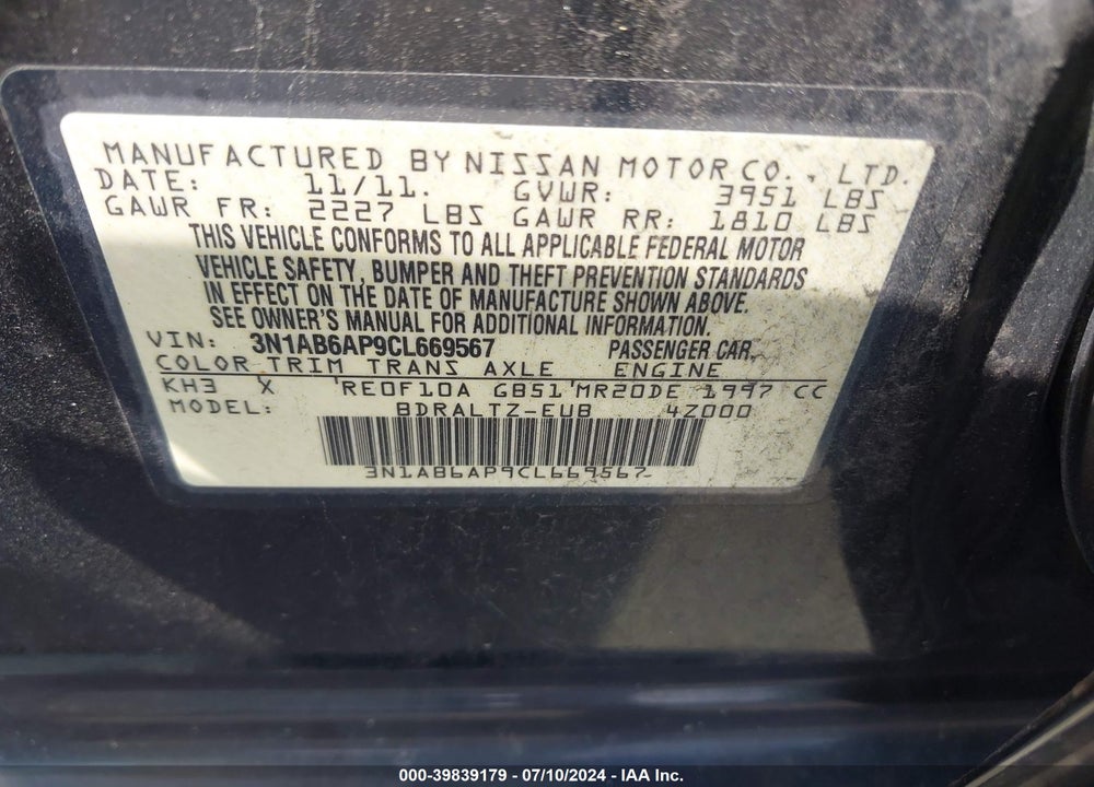 2012 NISSAN SENTRA 2.0 SR VIN: 3N1AB6AP9CL669567
