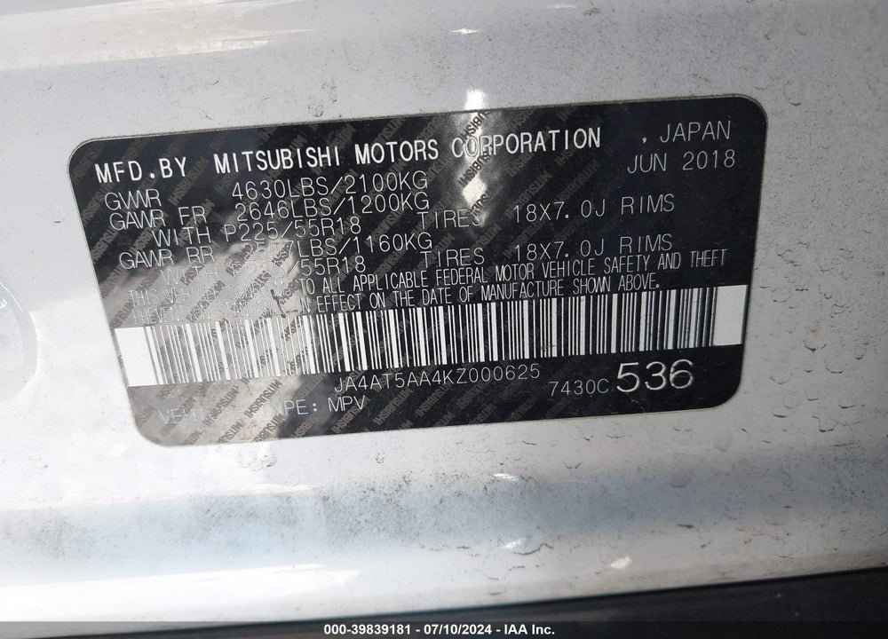 2019 MITSUBISHI ECLIPSE CROSS SEL VIN: JA4AT5AA4KZ000625