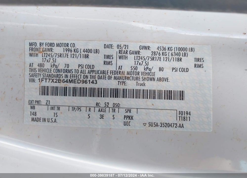 2021 FORD F-250 XL VIN: 1FT7X2B64MED96143