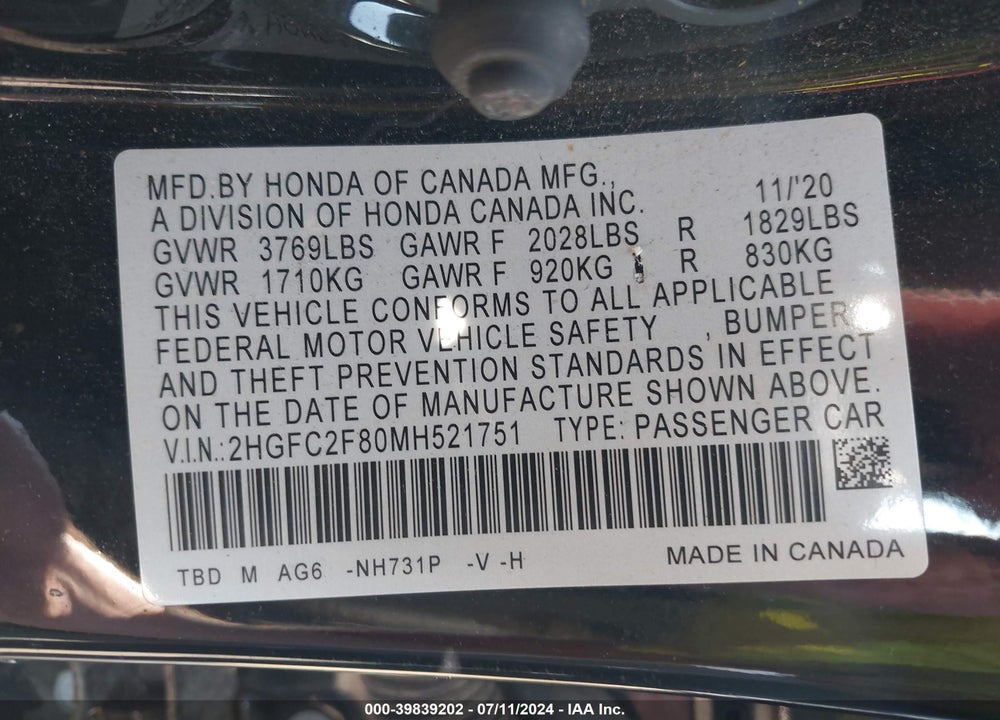 2021 HONDA CIVIC SPORT VIN: 2HGFC2F80MH521751