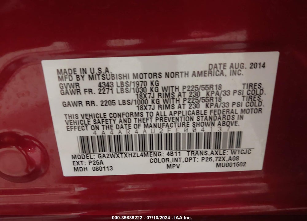 2015 MITSUBISHI OUTLANDER SPORT SE VIN: 4A4AR4AU2FE004137