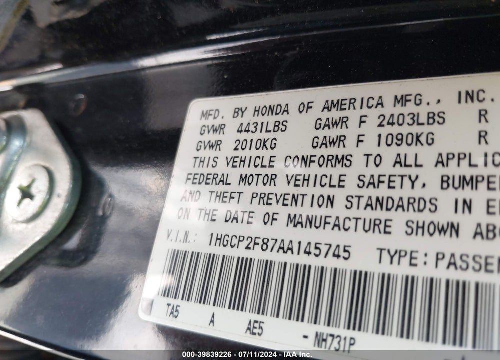 2010 HONDA ACCORD 2.4 EX-L VIN: 1HGCP2F87AA145745