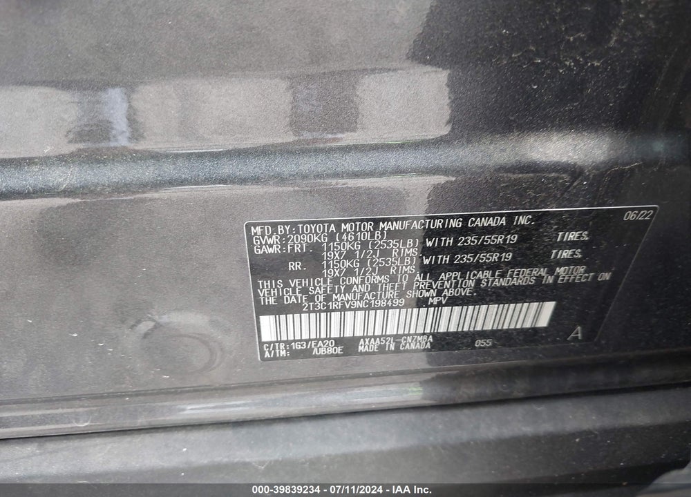 2022 TOYOTA RAV4 XLE PREMIUM VIN: 2T3C1RFV9NC198499