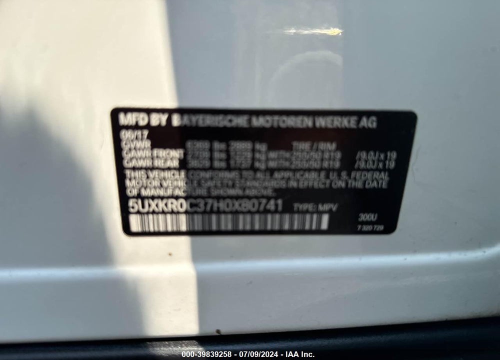2017 BMW X5 XDRIVE35I VIN: 5UXKR0C37H0X80741