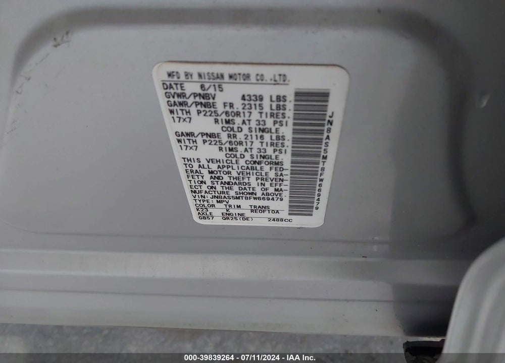 2015 NISSAN ROGUE SELECT S VIN: JN8AS5MT8FW669479