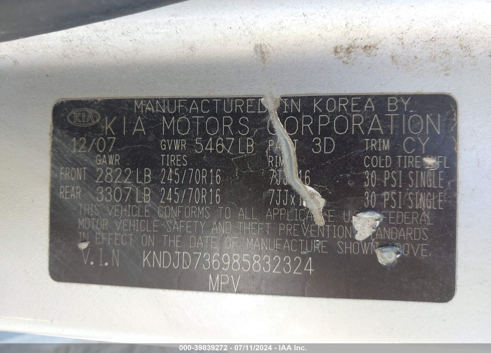 2008 KIA SORENTO EX VIN: KNDJD736985832324