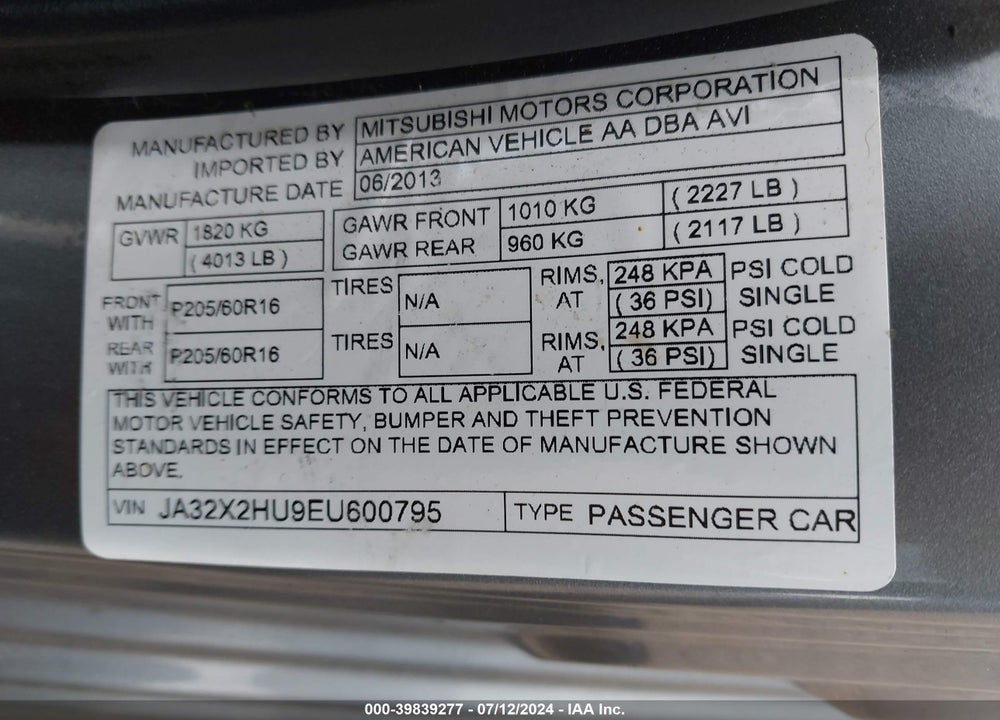 2014 MITSUBISHI LANCER SPORTBACK ES VIN: JA32X2HU9EU600795