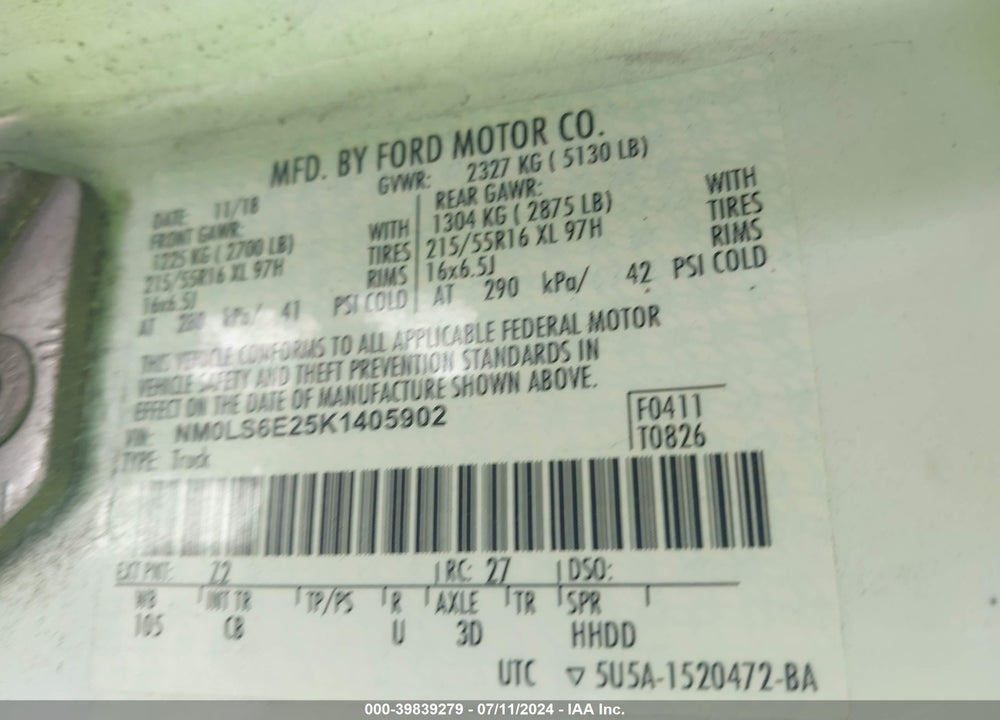 2019 FORD TRANSIT CONNECT XL VIN: NM0LS6E25K1405902