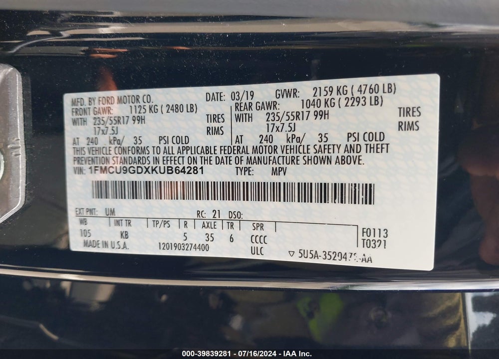 2019 FORD ESCAPE SE VIN: 1FMCU9GDXKUB64281