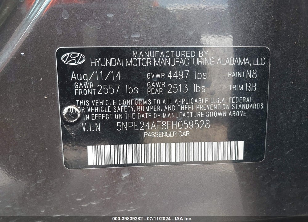2015 HYUNDAI SONATA SE VIN: 5NPE24AF8FH059528